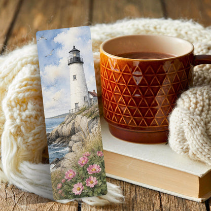 New England Lighthouse Bookmark | Coastal Summer Gift | Beach Rose Page Marker | Nautical Book Lover Gift