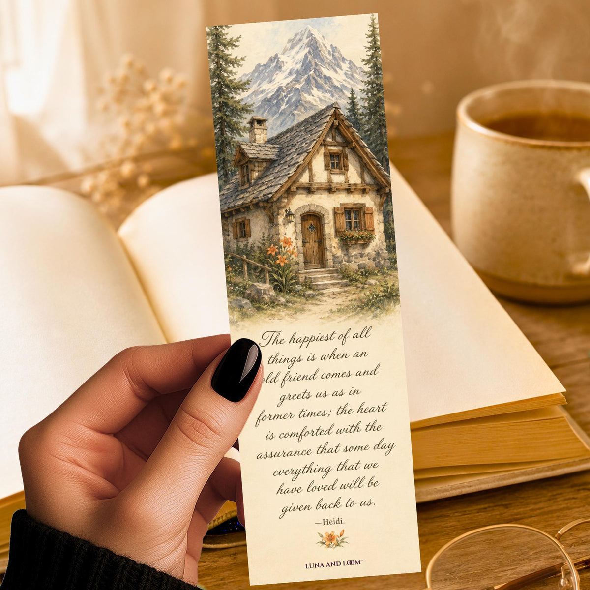 Alpine Cottage Bookmark | Classic Literature Quote Gift | Mountain Sunset Page Marker | Book Lover Gift