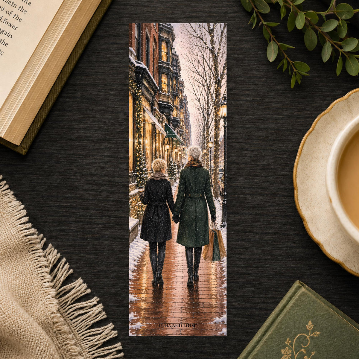 Newbury Street Bookmark | Snowy Boston Winter | Two Women Couple | LGBTQ Love | Lesbian | Pride | New England Book Lover Gift