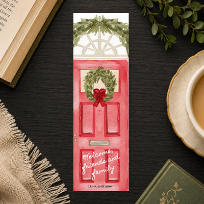 Christmas Door Bookmark | Welcome Wreath Quote Gift | Holiday Watercolor Page Marker | Hostess Gift