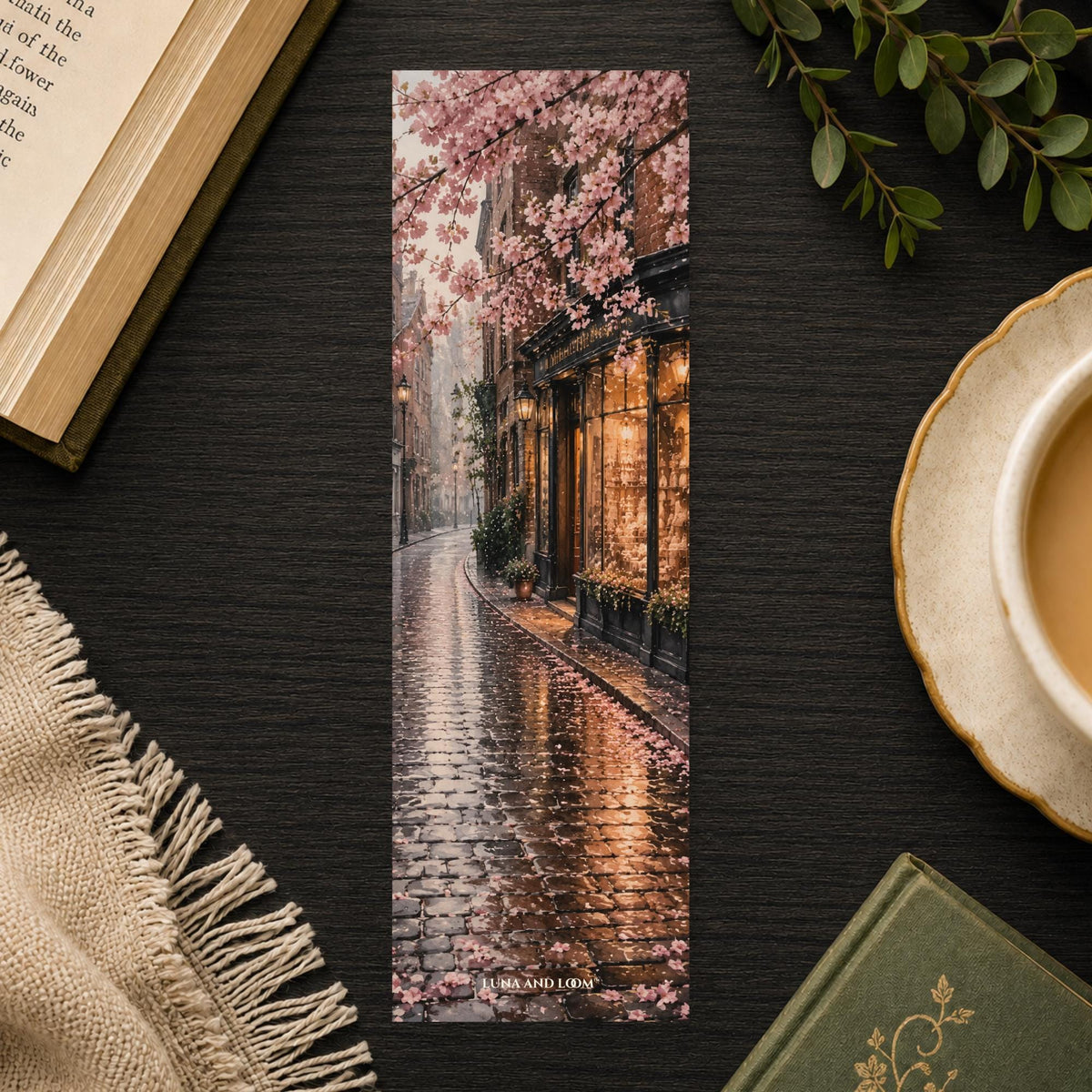 Cherry Blossom Bookmark | Rainy Boston Street Gift | Cobblestone Spring Page Marker | Cozy Book Lover Gift