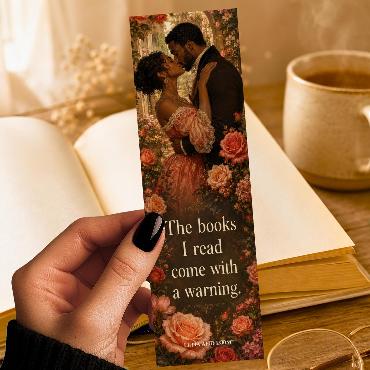 Books Come With Warning Bookmark | African American Couple Gift | Floral Kiss Page Marker | Romance Gift