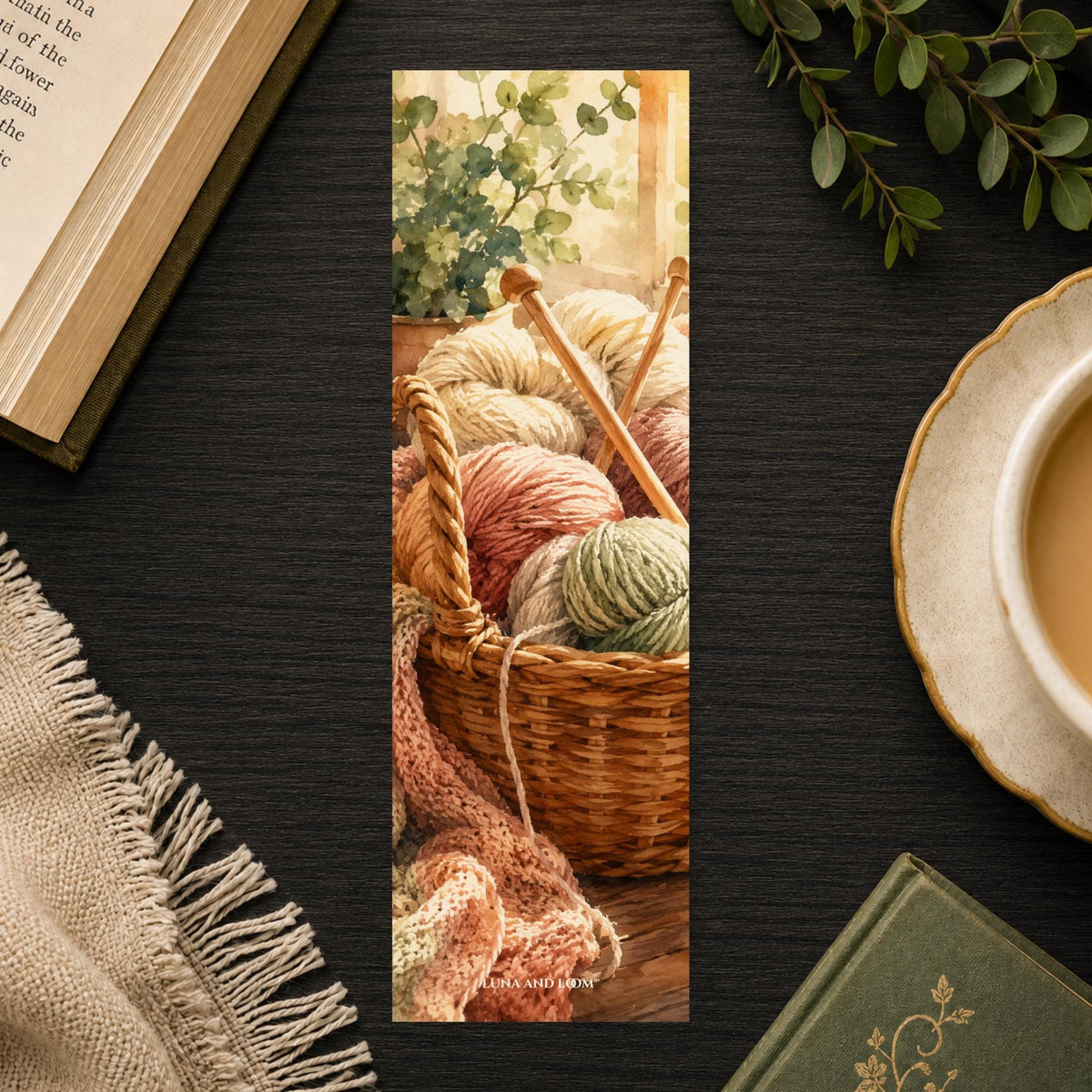 Cozy Cat Knitting Bookmark | Winter Window Watercolor Gift | Yarn Basket Page Marker | Cat Lover Book Gift