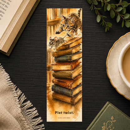 Cat and Mouse Bookmark | Plot Twist | Pun Watercolor | Animal Lover, Artsy