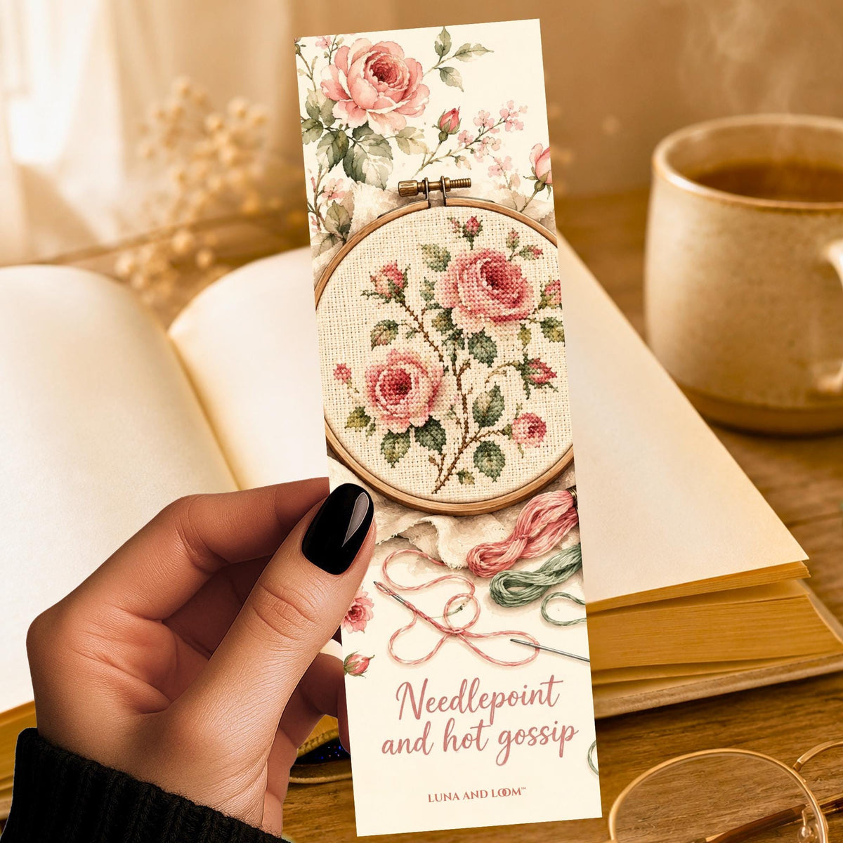 Needlepoint and Hot Gossip Bookmark | Funny Cross Stitch | Grandmillennial Gift | Embroidery Humor | Granny Chic