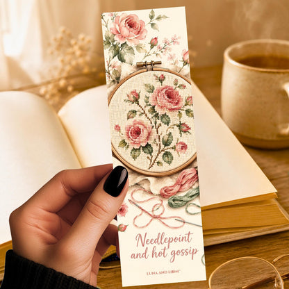 Needlepoint and Hot Gossip Bookmark | Funny Cross Stitch | Grandmillennial Gift | Embroidery Humor | Granny Chic