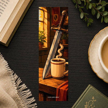 Sword Coffee Cup Bookmark | Cozy Fantasy Reader Gift | Retired Warrior Page Marker | Fantasy Cafe Book Gift