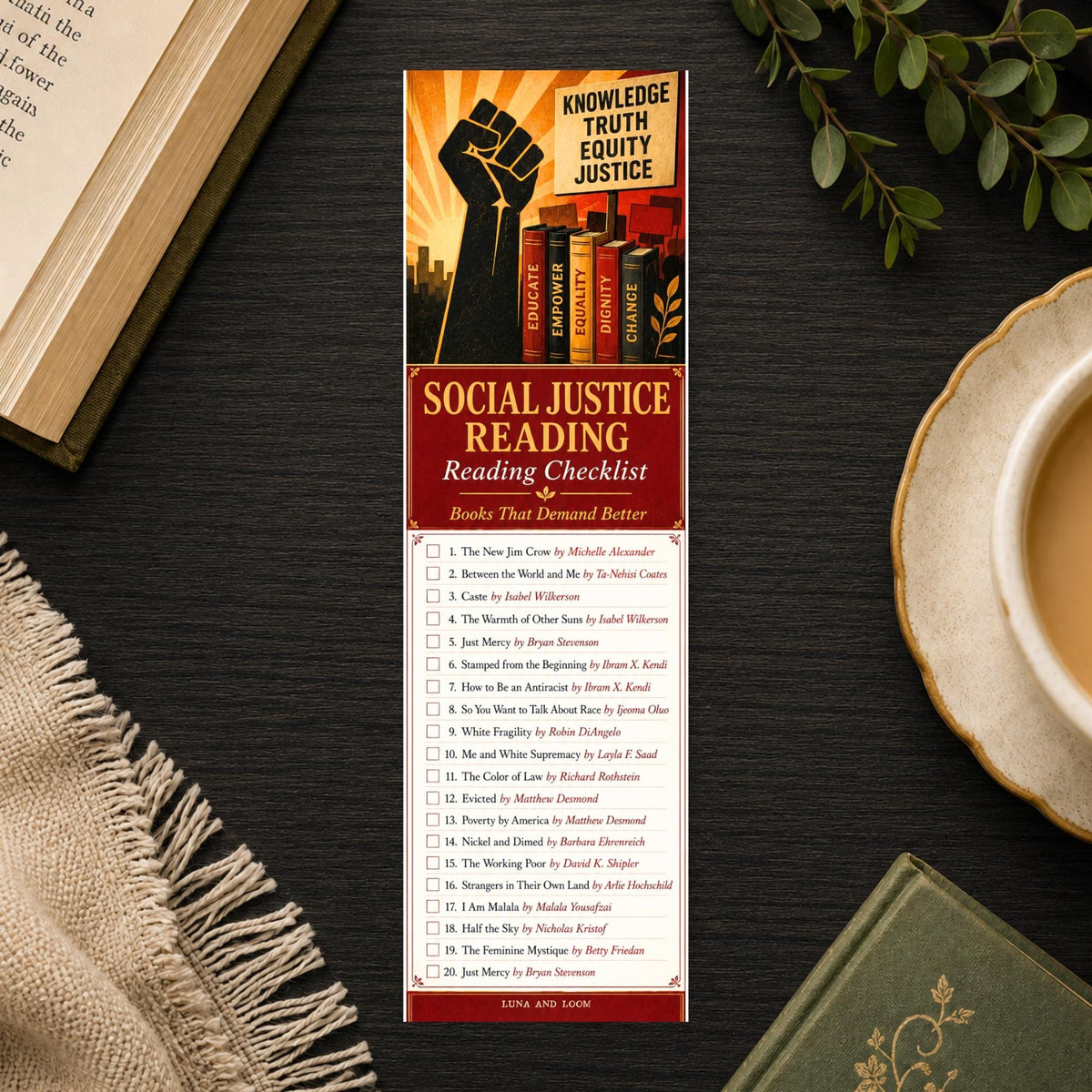 Social Justice Reading Checklist Bookmark | Activist Book List | Literary | Progressive Reader Gift | Book Lover