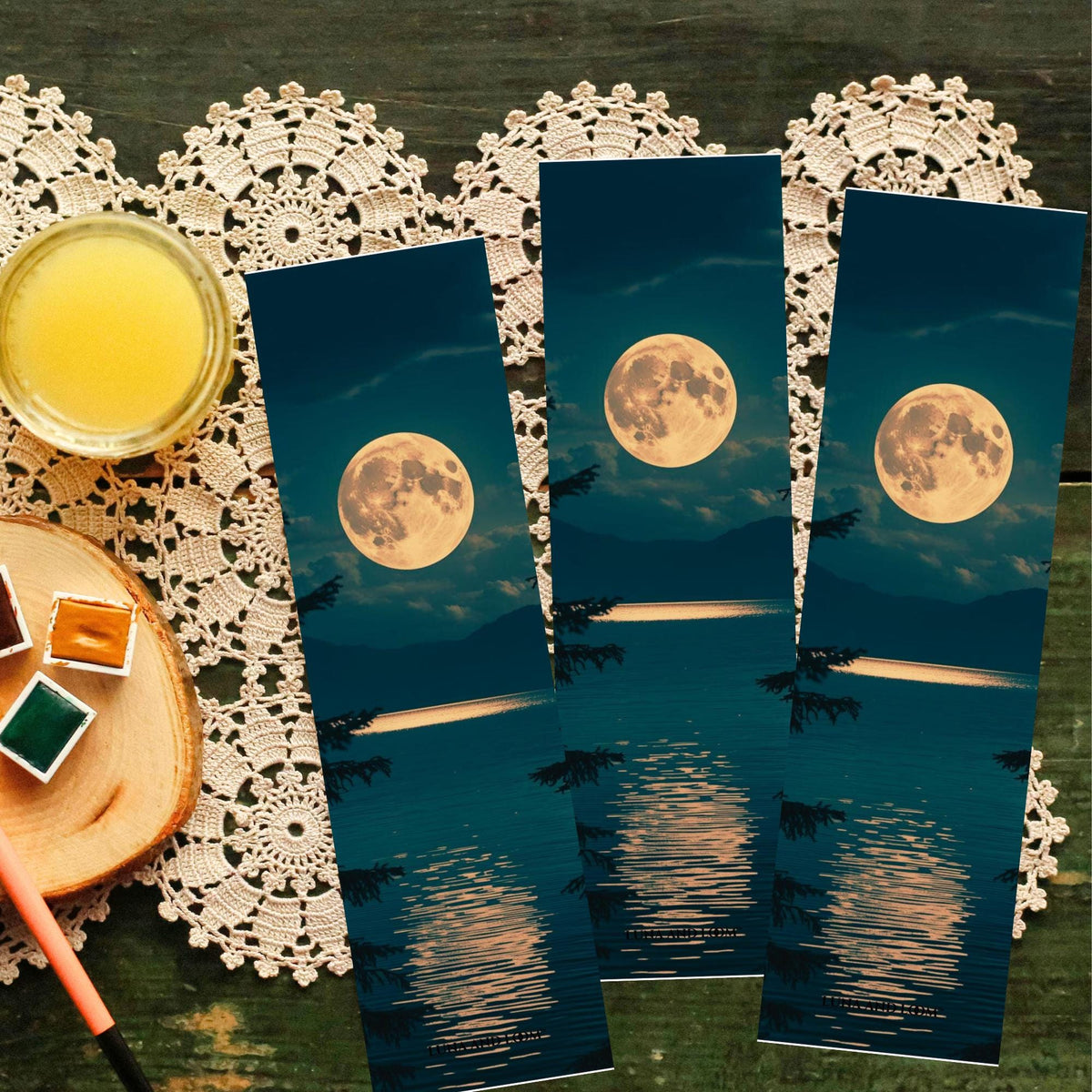 Full Moon Photography Bookmark | Reflection | Rising Moon Over Water | Reading | Books