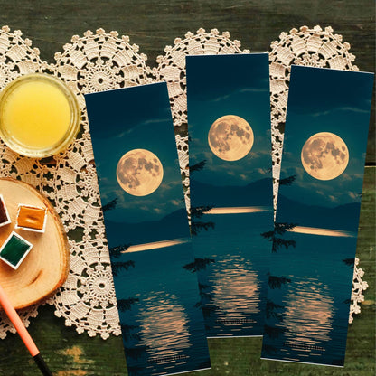 Full Moon Photography Bookmark | Reflection | Rising Moon Over Water | Reading | Books