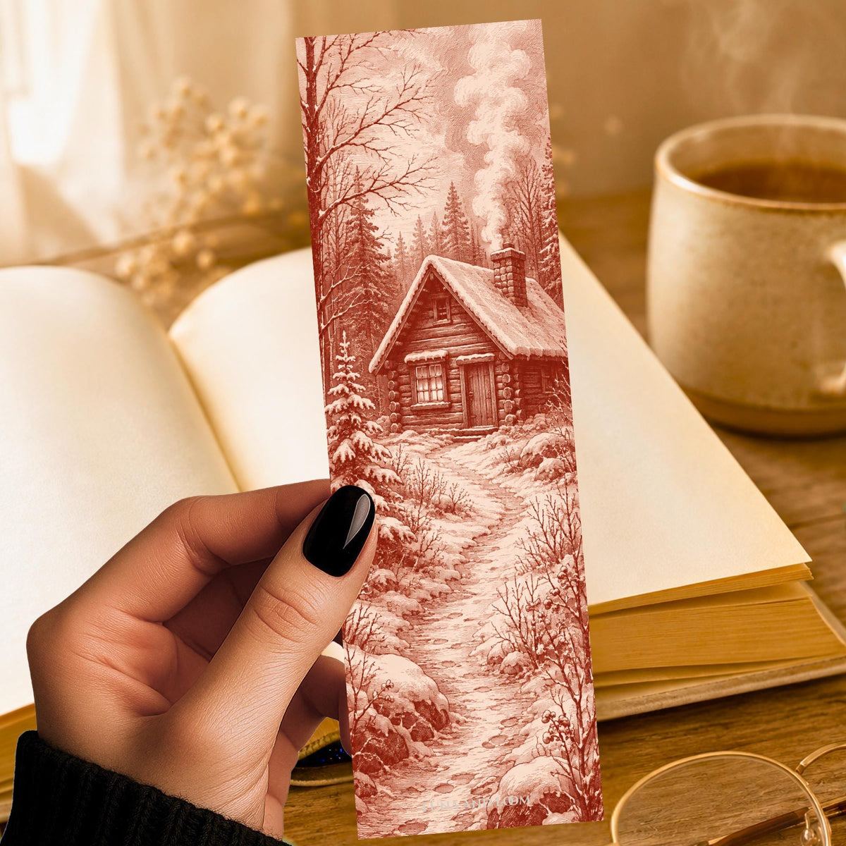 Red Cabin Bookmark | Snowy Woodblock Gift | Blue Birch Forest Page Marker | Winter Book Lover Gift