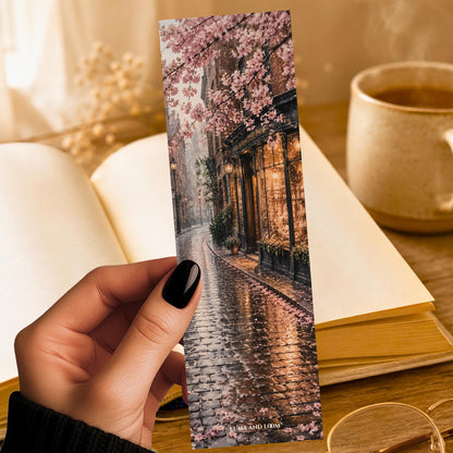 Cherry Blossom Bookmark | Rainy Boston Street Gift | Cobblestone Spring Page Marker | Cozy Book Lover Gift