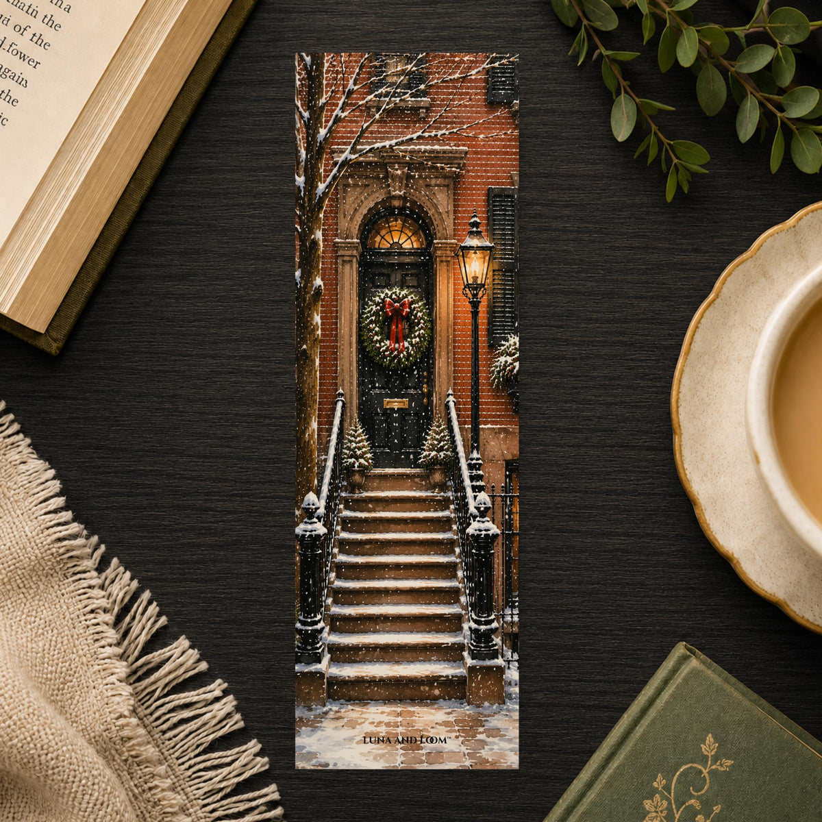 Snowy Beacon Hill Bookmark | Boston Winter Gift | Brownstone Wreath Page Marker | Christmas New England Book Lover Gift