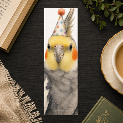 Cockatiel Bird in a Party Hat Bookmark | Realistic Bird Portrait | Watercolor Pet Picture