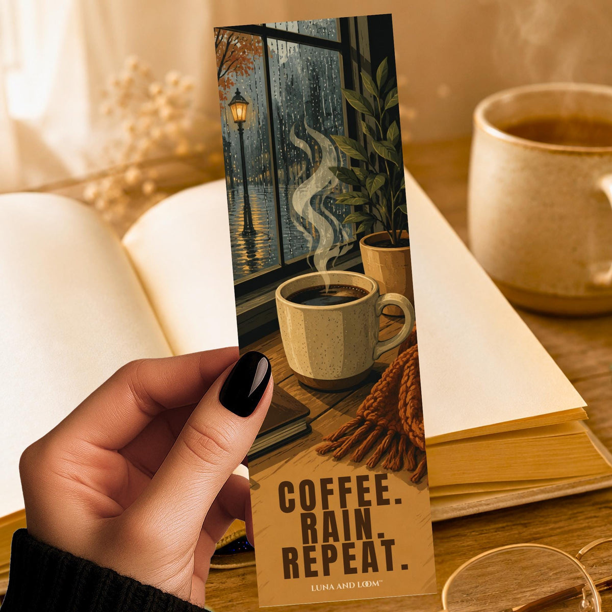 Coffee Rain Repeat Bookmark | Seattle Quote Gift | Rainy Window Page Marker | Pacific NW Book Lover Gift