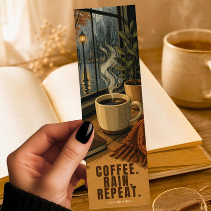 Coffee Rain Repeat Bookmark | Seattle Quote Gift | Rainy Window Page Marker | Pacific NW Book Lover Gift