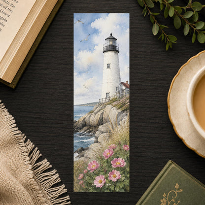 New England Lighthouse Bookmark | Coastal Summer Gift | Beach Rose Page Marker | Nautical Book Lover Gift