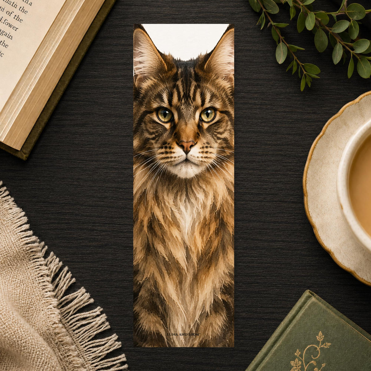 Maine Coon Bookmark | Realistic Cat Portrait | Feline Lover | Watercolor Pet