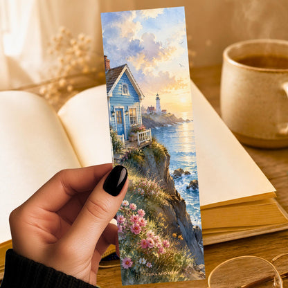 Cerulean Cottage Bookmark | Cozy Fantasy Reader Gift | Sea Cliff Page Marker | Found Family Book Gift