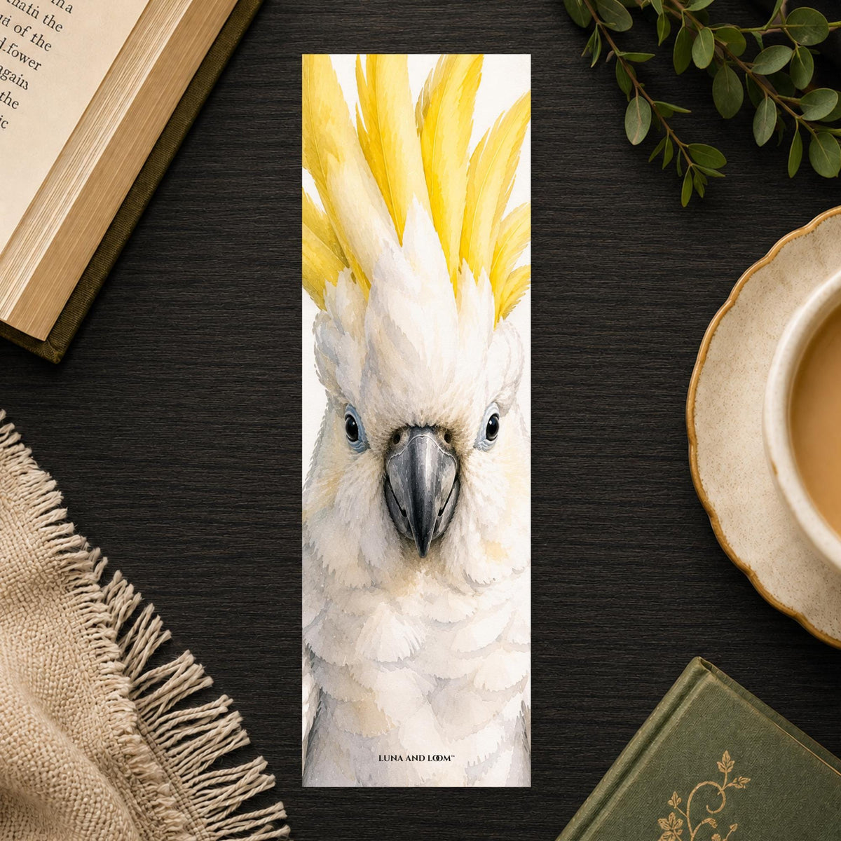 Cockatoo Bookmark | White and Yellow Feathers | Realistic Bird Portrait | Watercolor Pet Picture