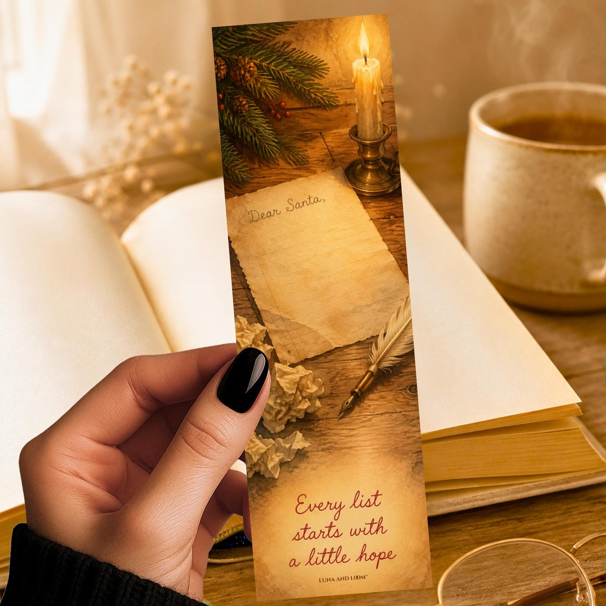 Letter to Santa Bookmark | Christmas Wish Gift | Candlelit Desk Page Marker | Kids Christmas Book Gift