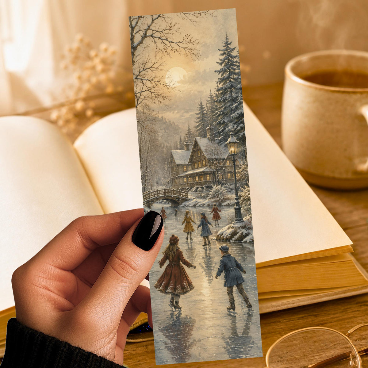 Ice Skating Village Bookmark | Vintage Winter Gift | Christmas Page Marker | Holiday Reader Gift