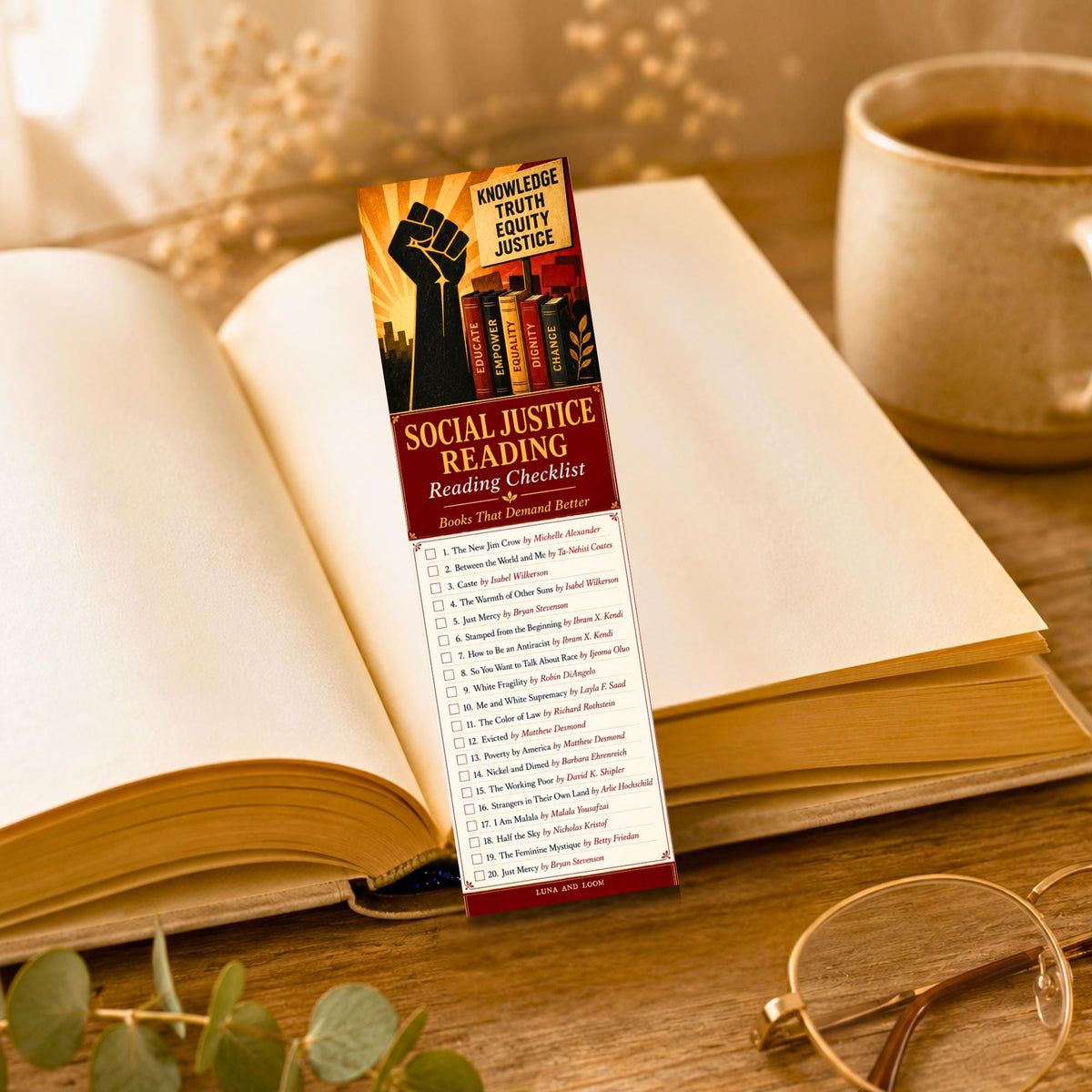 Social Justice Reading Checklist Bookmark | Activist Book List | Literary | Progressive Reader Gift | Book Lover
