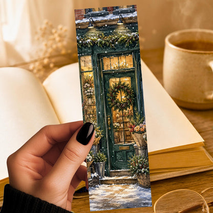 Christmas Flower Shop Bookmark | Holiday Storefront Gift | Wreath Door Page Marker | Christmas Book Gift