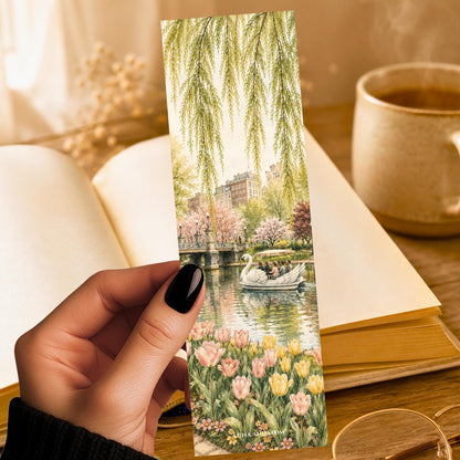 Boston Public Garden Bookmark | Swan Boat in Spring | Watercolor New England | Tulips | Book Lover Gift