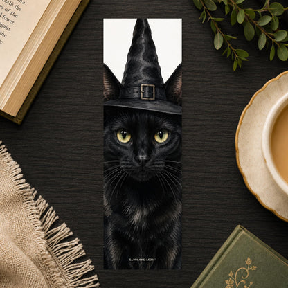 Black Cat Witch Hat Bookmark | Realistic Portrait | Watercolor Picture