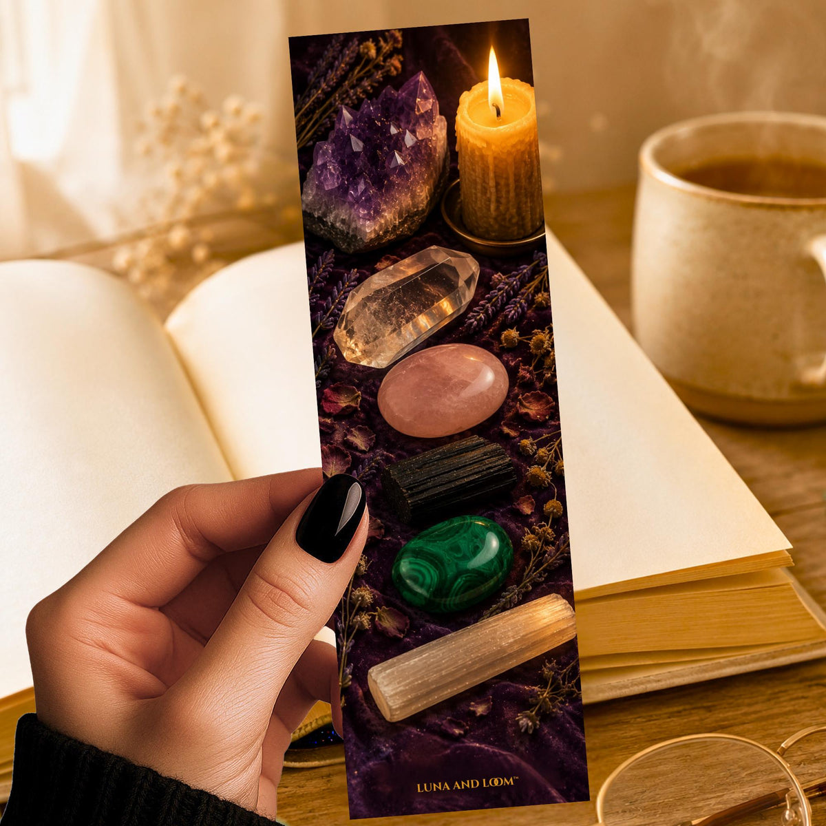 Crystal Bookmark | Tourmaline, Rose Quartz, Amethyst, Malachite, Selenite | Witchy Book Lover Gift