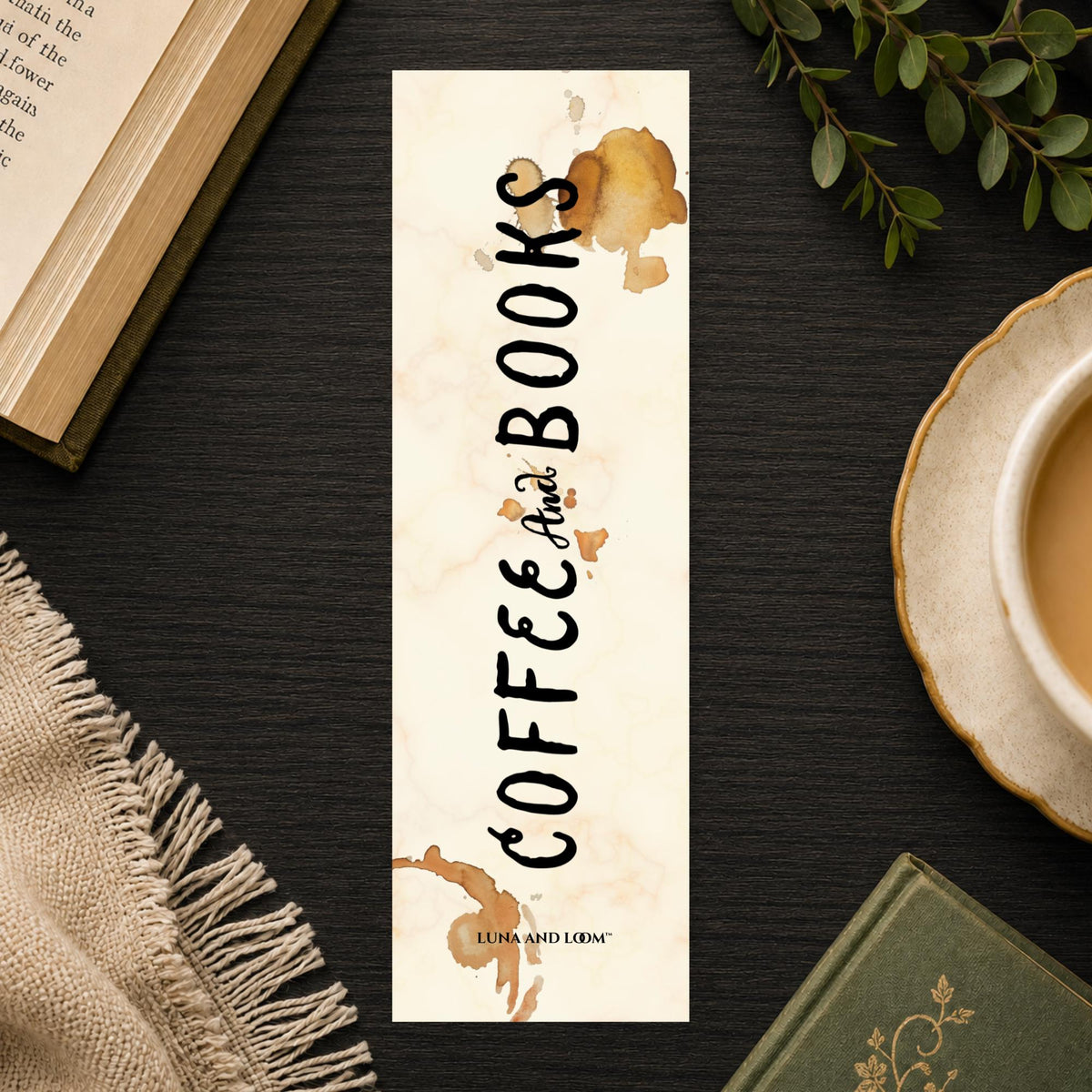 Coffee and Books Bookmark | Coffee Stain Wordmark Gift | Bold Lettering Page Marker | Book Lover Gift