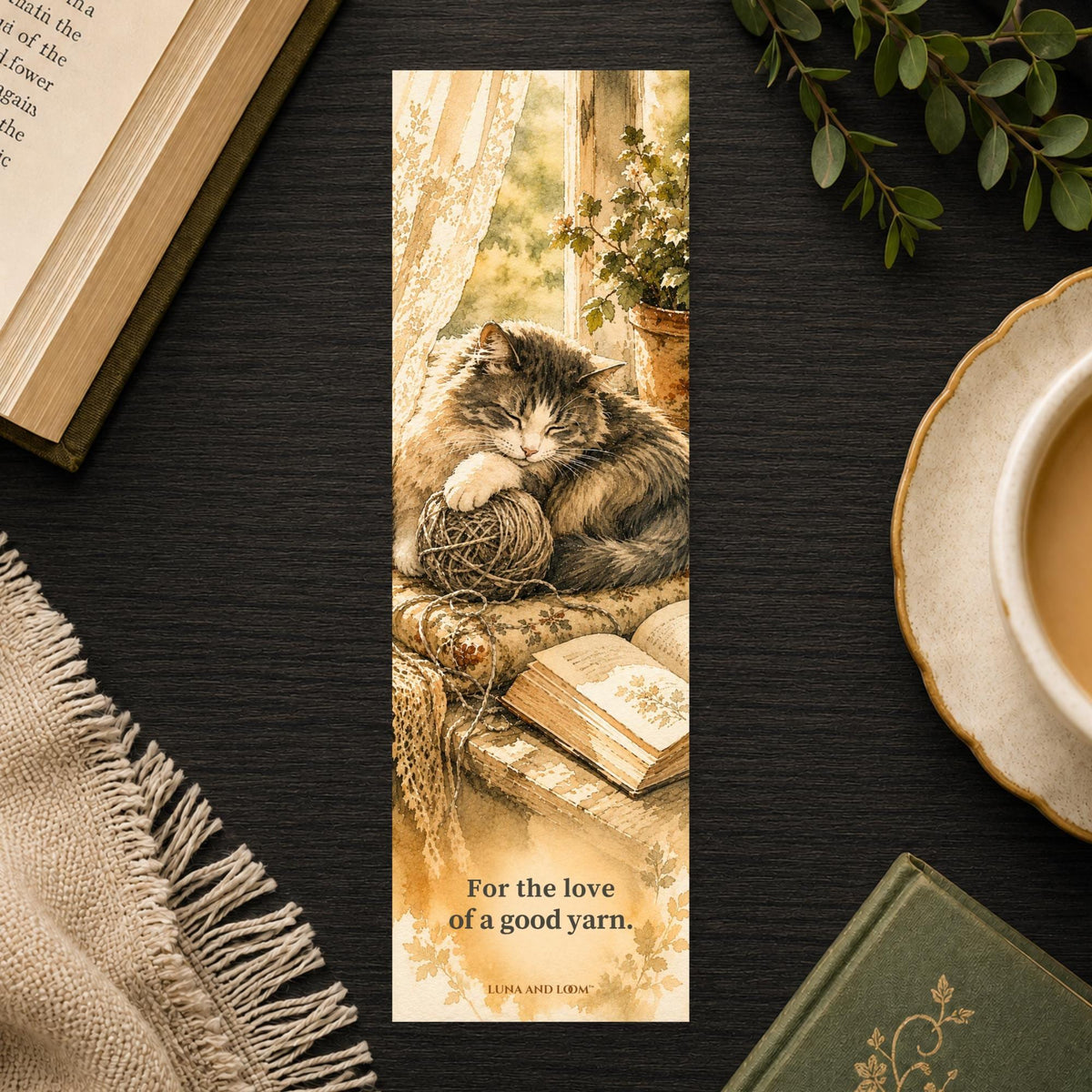 Cat and Yarn Bookmark | Watercolor Book Lover Gift | Cute Ink Illustration