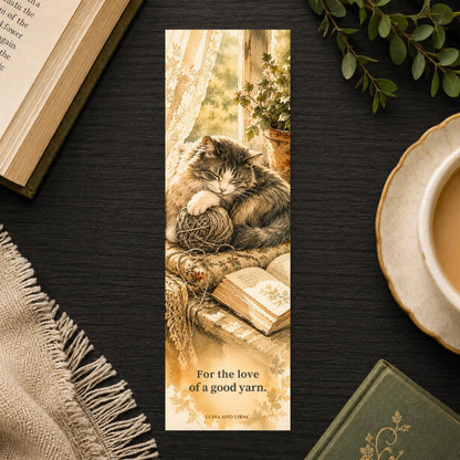 Cat and Yarn Bookmark | Watercolor Book Lover Gift | Cute Ink Illustration