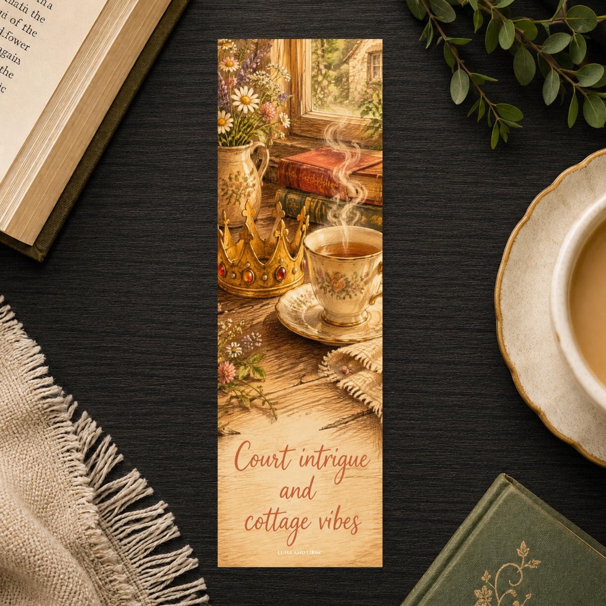 Court Intrigue Cottage Bookmark | Fantasy Romance Quote Gift | Crown Teacup Page Marker | Cozy Fae Book Gift