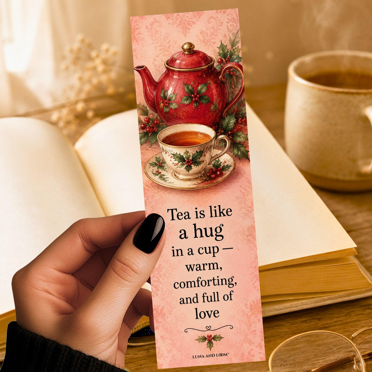 Tea Is Like a Hug in a Cup Bookmark | Christmas Teapot Page Marker | Tea Lover Gift