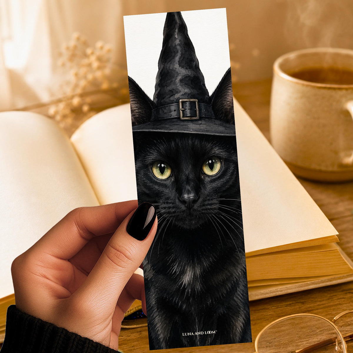 Black Cat Witch Hat Bookmark | Realistic Portrait | Watercolor Picture