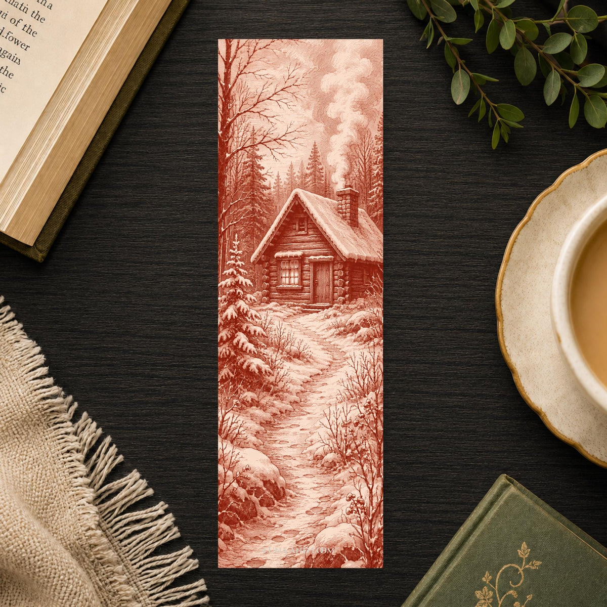 Red Cabin Bookmark | Snowy Woodblock Gift | Blue Birch Forest Page Marker | Winter Book Lover Gift