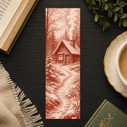 Red Cabin Bookmark | Snowy Woodblock Gift | Blue Birch Forest Page Marker | Winter Book Lover Gift