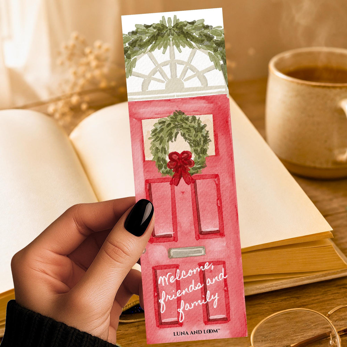 Christmas Door Bookmark | Welcome Wreath Quote Gift | Holiday Watercolor Page Marker | Hostess Gift