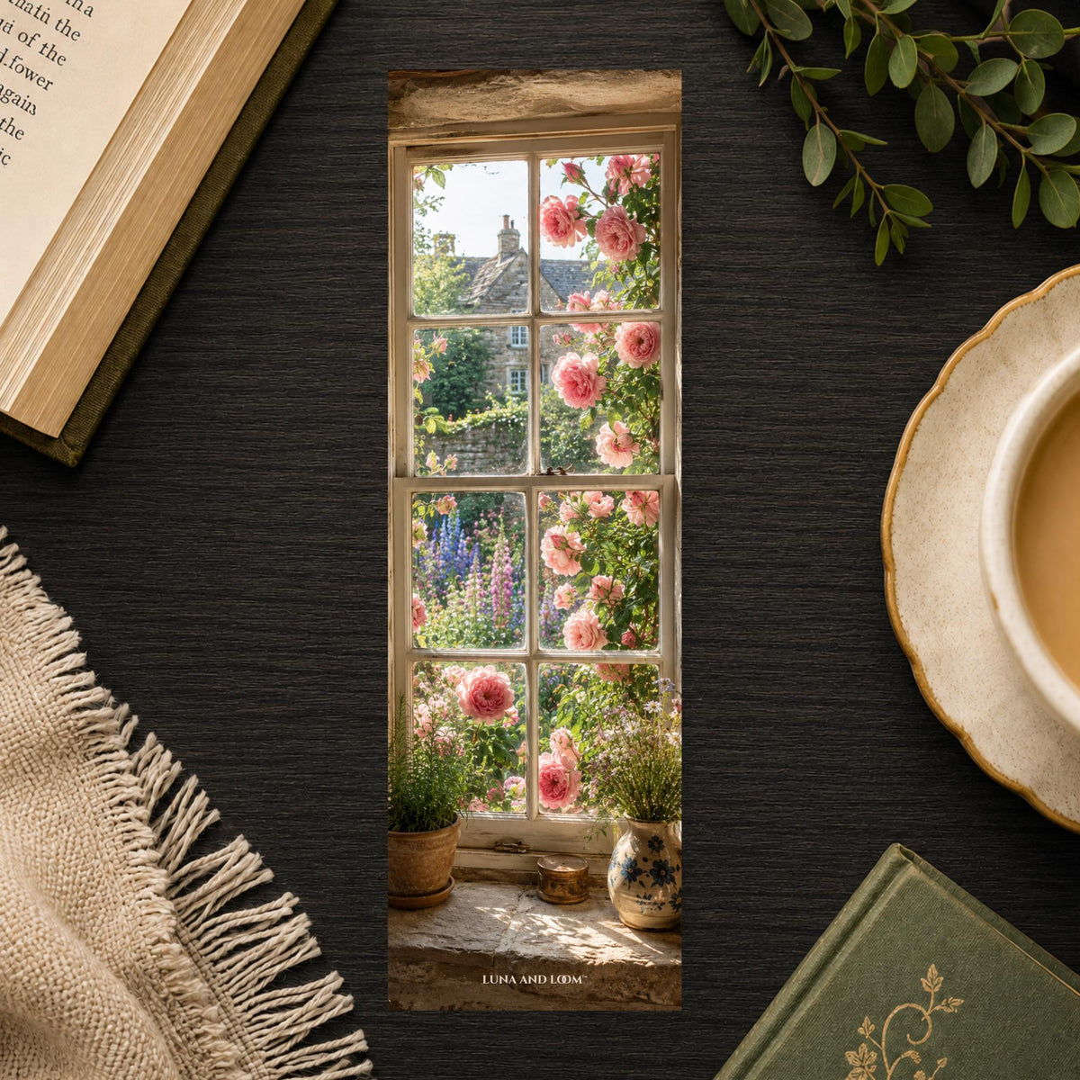 Climbing Roses Cottage Window Bookmark | English Garden View (Card Stock)