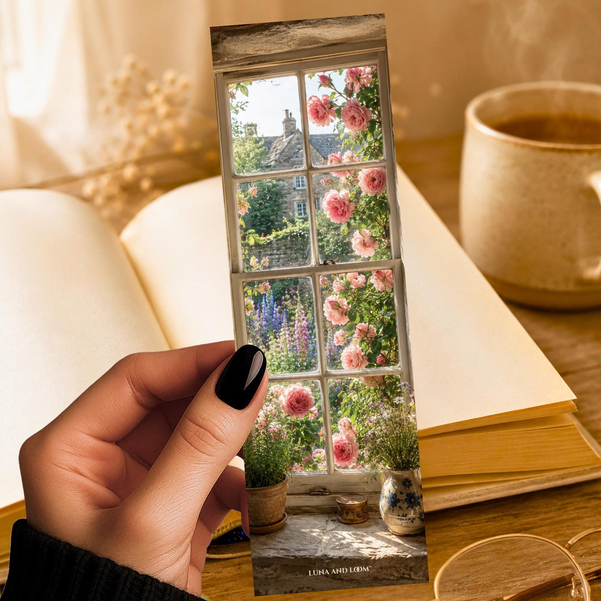 Climbing Roses Cottage Window Bookmark | English Garden View (Card Stock)