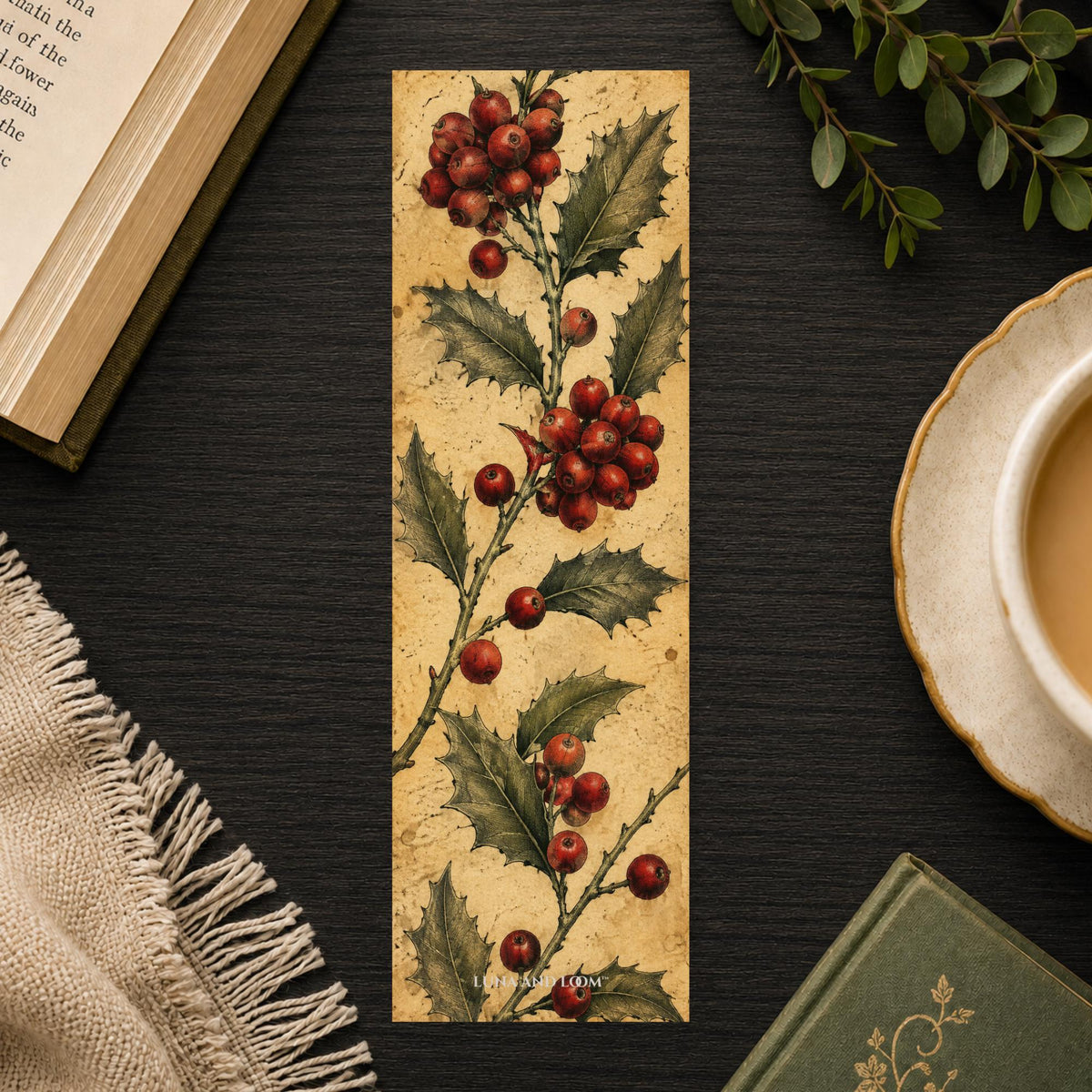 Holly Berries Bookmark | Vintage Botanical Gift | Christmas Page Marker | Nature Lover Gift