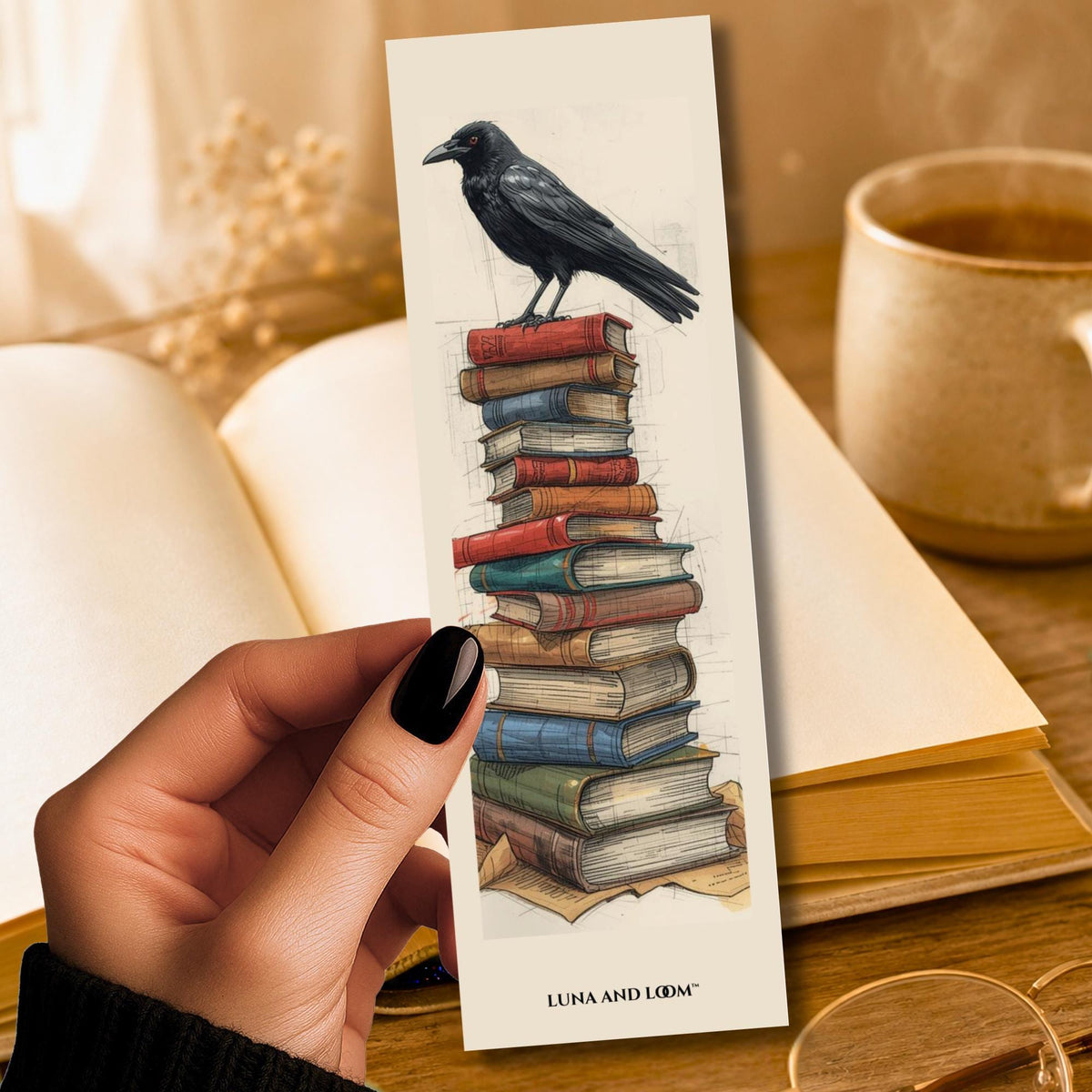 Crow & Books Bookmark | Dark Academia | Raven Reader Gift | Gothic Literary Bookmark | Book Love | Luna And Loom