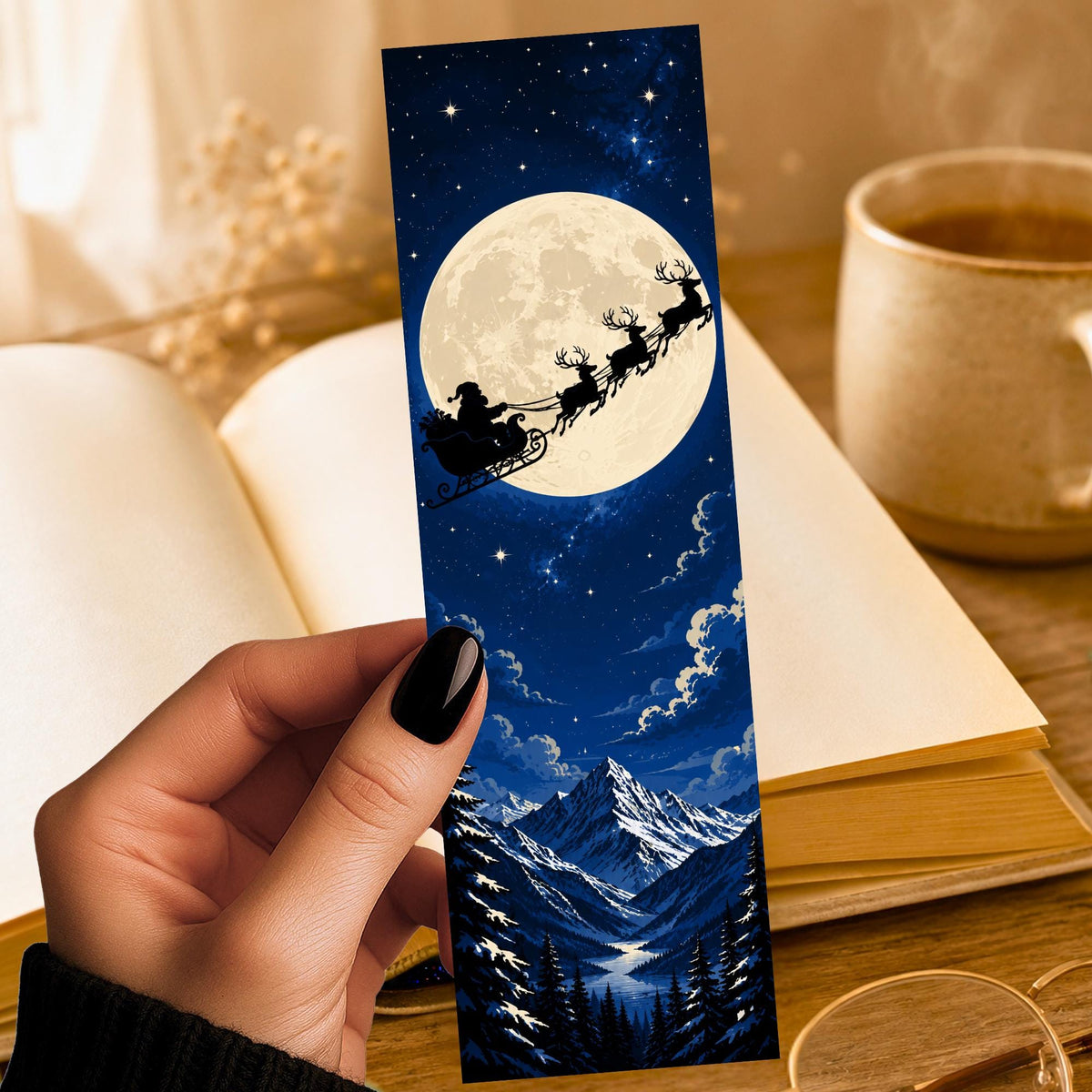 Santa Sleigh Bookmark | Christmas Silhouette Gift | Full Moon Page Marker | Holiday Book Lover Gift