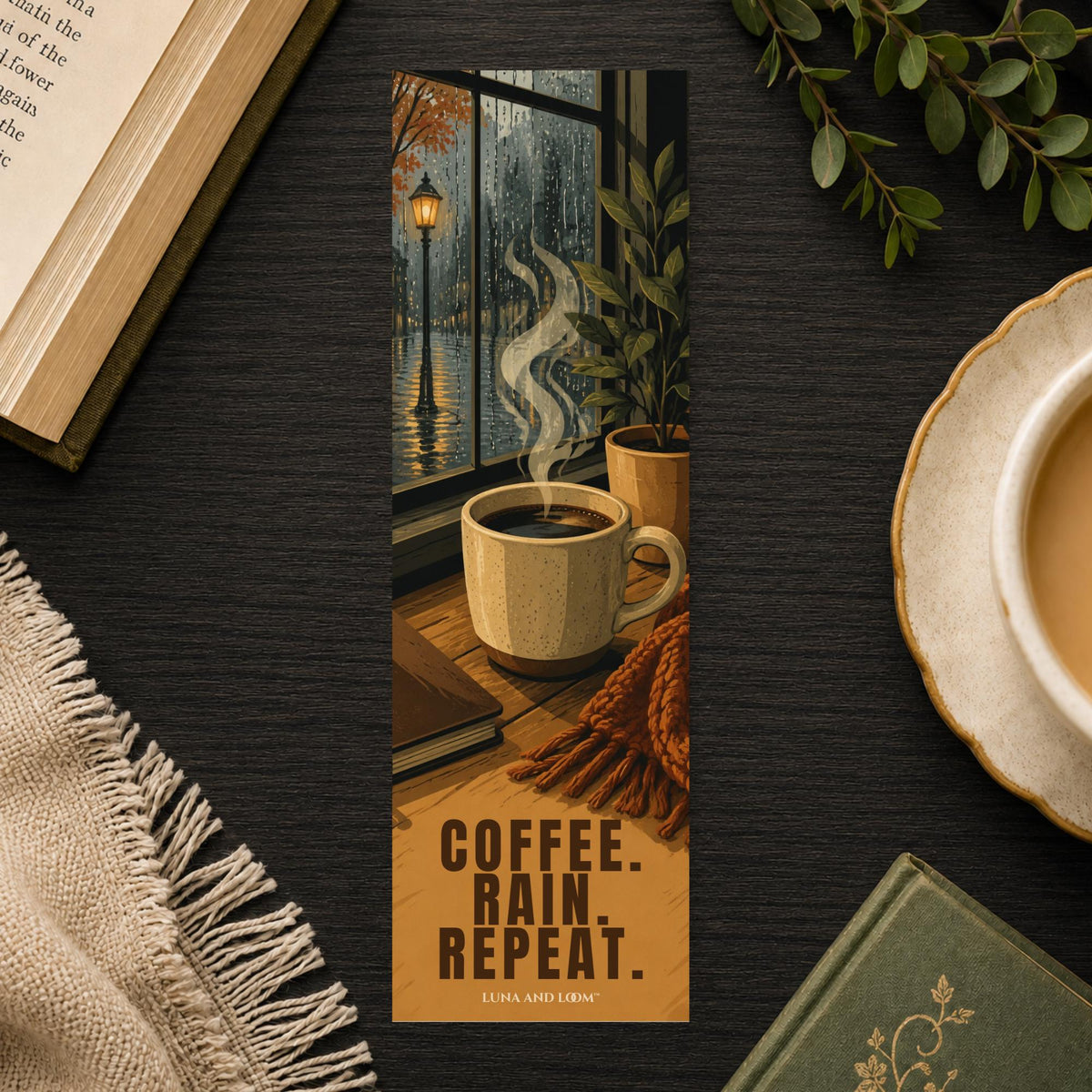 Coffee Rain Repeat Bookmark | Seattle Quote Gift | Rainy Window Page Marker | Pacific NW Book Lover Gift