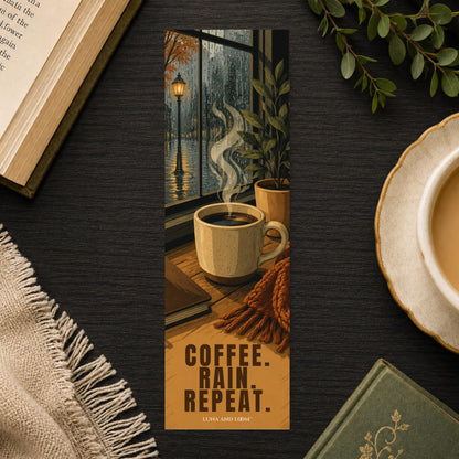 Coffee Rain Repeat Bookmark | Seattle Quote Gift | Rainy Window Page Marker | Pacific NW Book Lover Gift