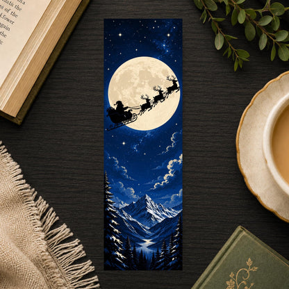 Santa Sleigh Bookmark | Christmas Silhouette Gift | Full Moon Page Marker | Holiday Book Lover Gift