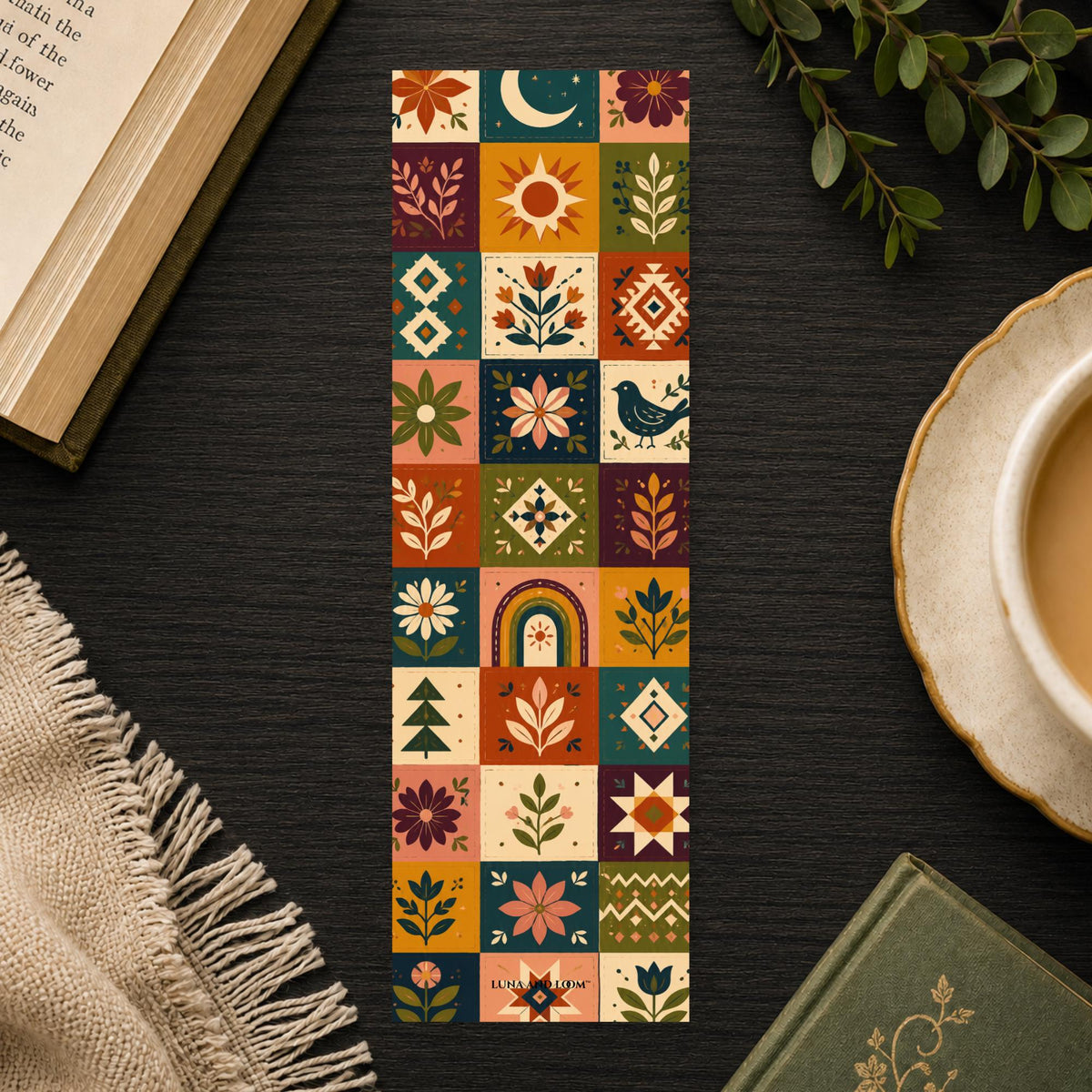 Patchwork Quilt Pattern Bookmark | Boho Asheville Gift | Folk Art Page Marker | Handmade Craft Book Lover Gift
