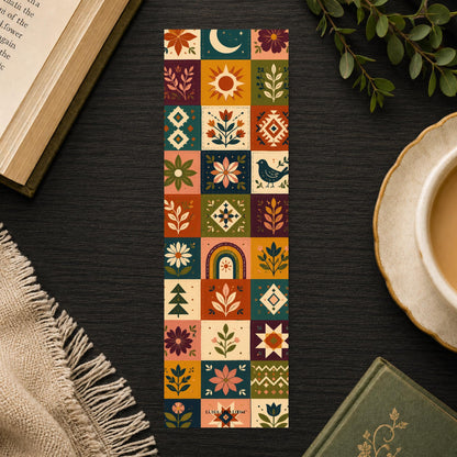Patchwork Quilt Pattern Bookmark | Boho Asheville Gift | Folk Art Page Marker | Handmade Craft Book Lover Gift